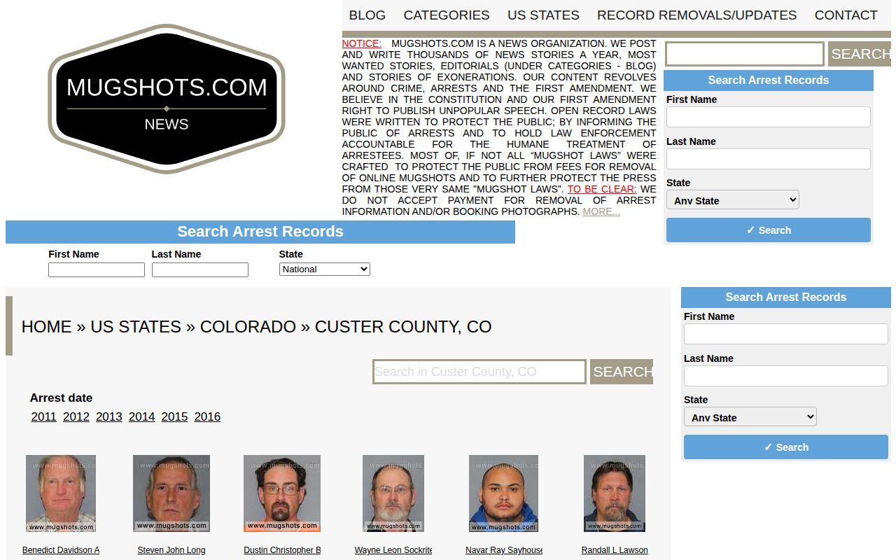 Unofficial Custer County arrest archive with a Silver Cliff locality label