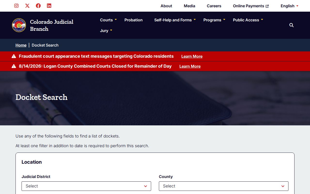 Colorado court docket search for Custer County arrest case records