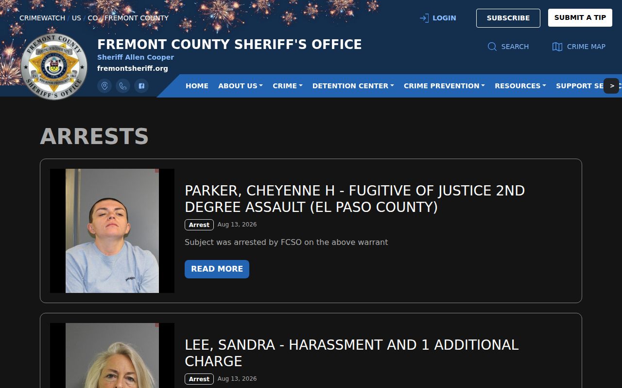 Fremont County rolling jail intake posts that may include Custer County arrests